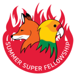 Fox and Parakeet logo on an red fire for "Summer Fellowship"