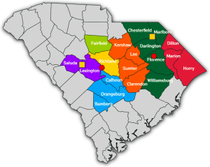 Map of South Carolina showing all Muscogee Lodge Chapters by county
