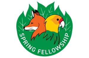 Spring Fellowship logo featuring fox and Carolina parakeet on green leaves