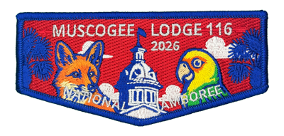 Embroidered Muscogee Lodge 116 2026 National Jamboree flap featuring a red fox, Carolina parakeet, and the South Carolina State House.